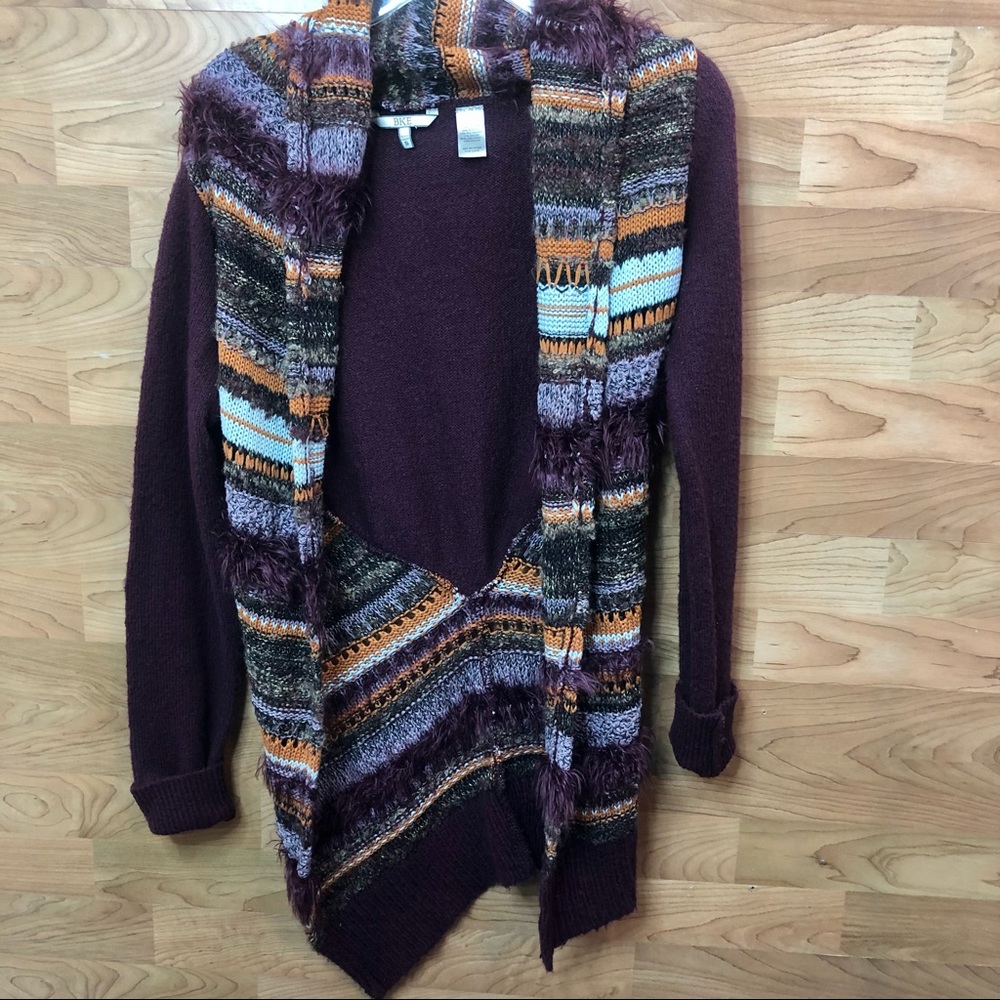 BKE Size Small Crochet Open Front Cardigan Sweater Combination Deep Burg…